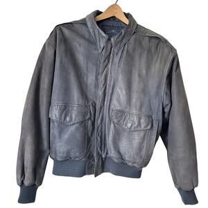 Leather Bomber Jacket Paris Sports Club Charcoal Ribbed Collar & Waistband S
